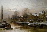 Amsterdam Canvas Paintings - Snow covered barges on the Singel Amsterdam